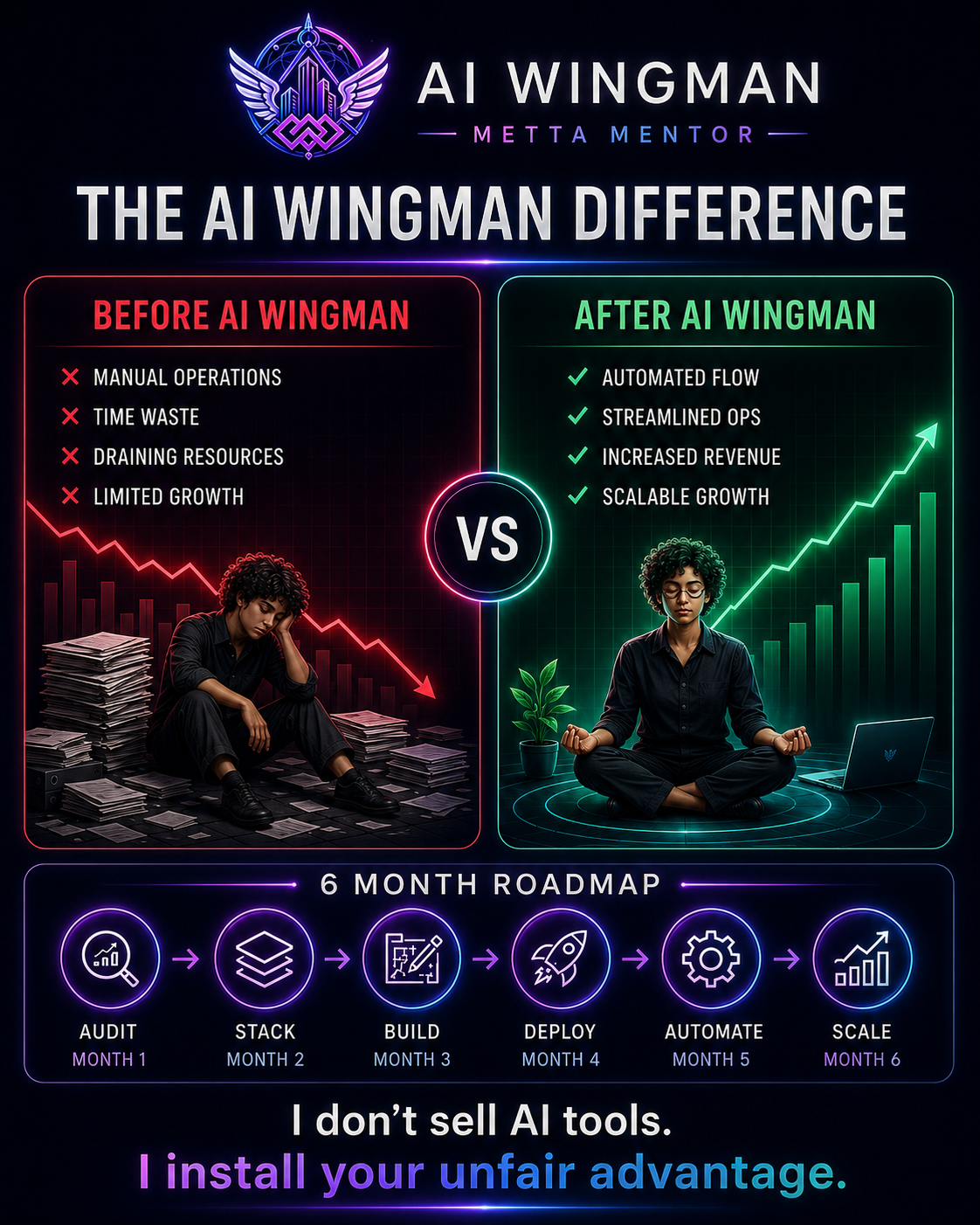 The AI Wingman Difference: before and after AI Wingman, a six month roadmap from audit to scale, and the line I install your unfair advantage